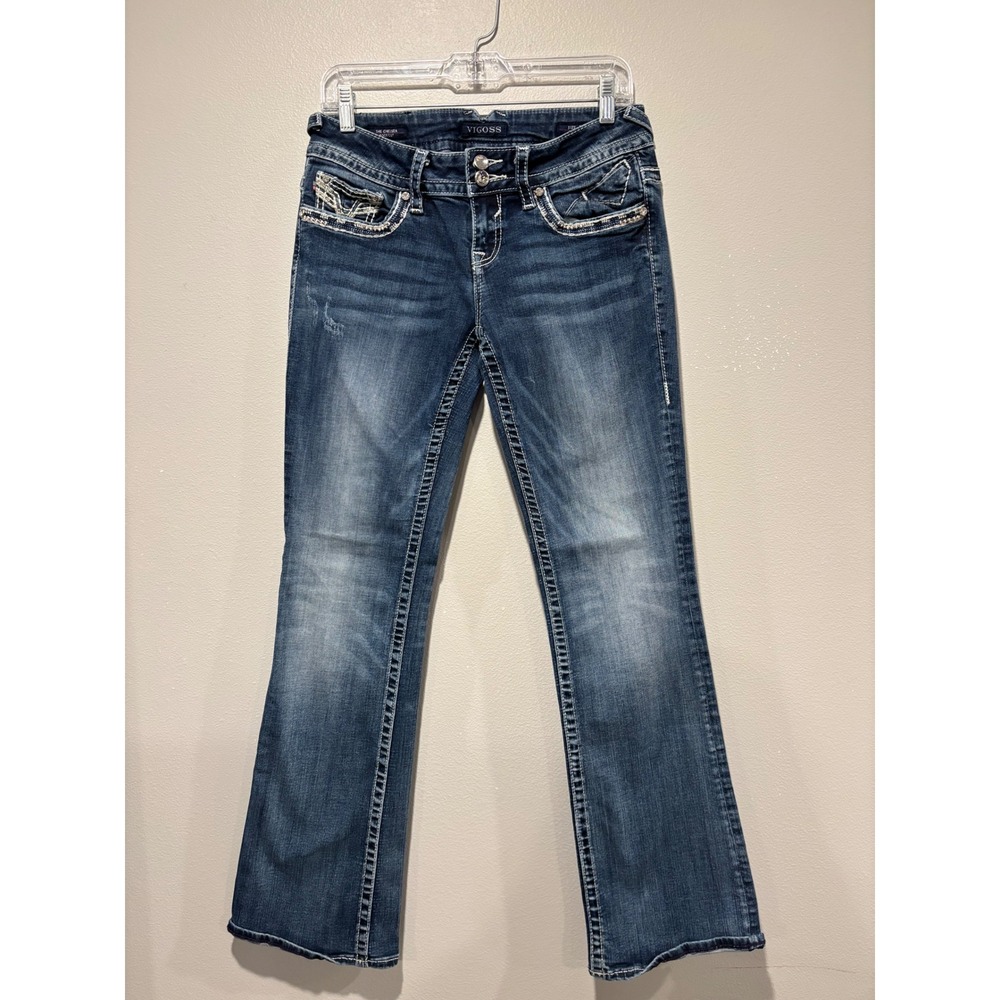 Vigoss The Chelsea Bootcut Jeans Medium Wash Rhinestone Contrast Stitch 7/8 33